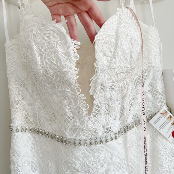NWT Mac Duggal White Wedding Dress 14 Corset Plunge Trumpet Lace Gown - Picture 4 of 16